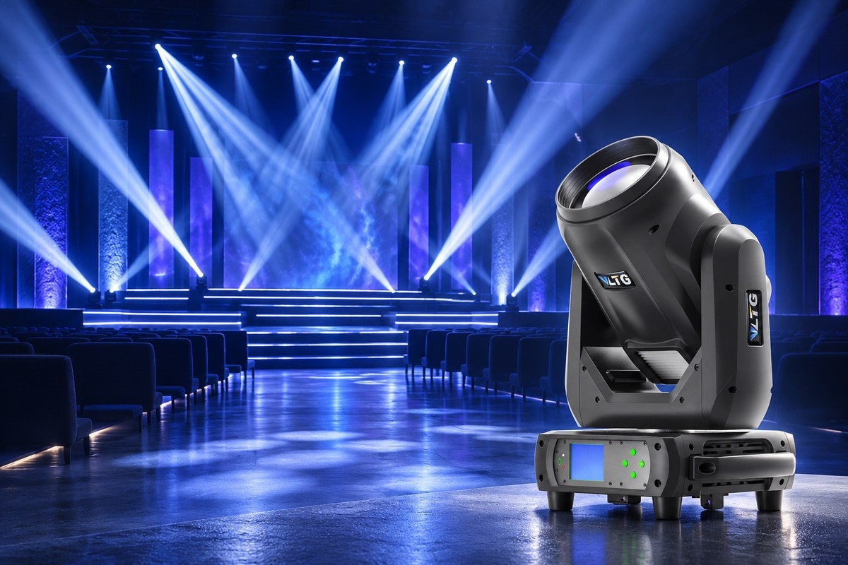 Phối cảnh đèn Moving Beam VLTG Mini360 trong hội trường có mái che