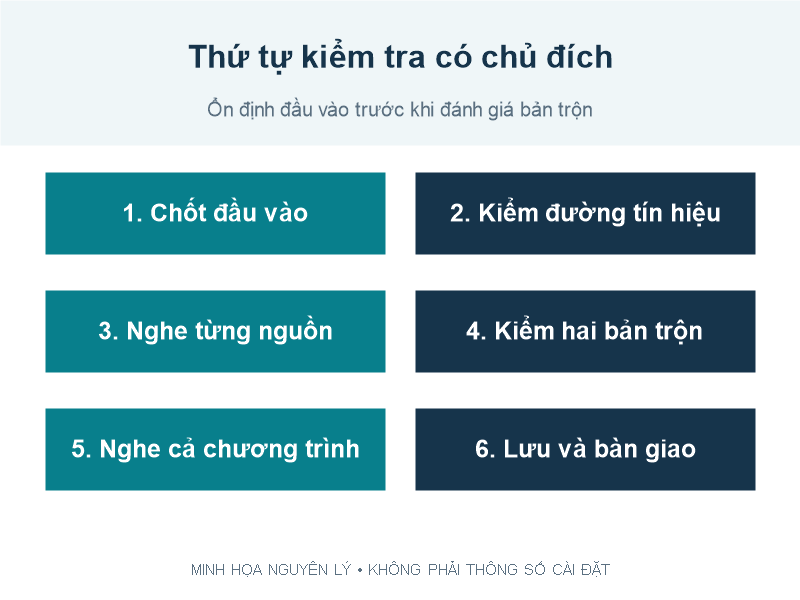 Sơ đồ các giai đoạn soundcheck từ chuẩn bị đến bàn giao