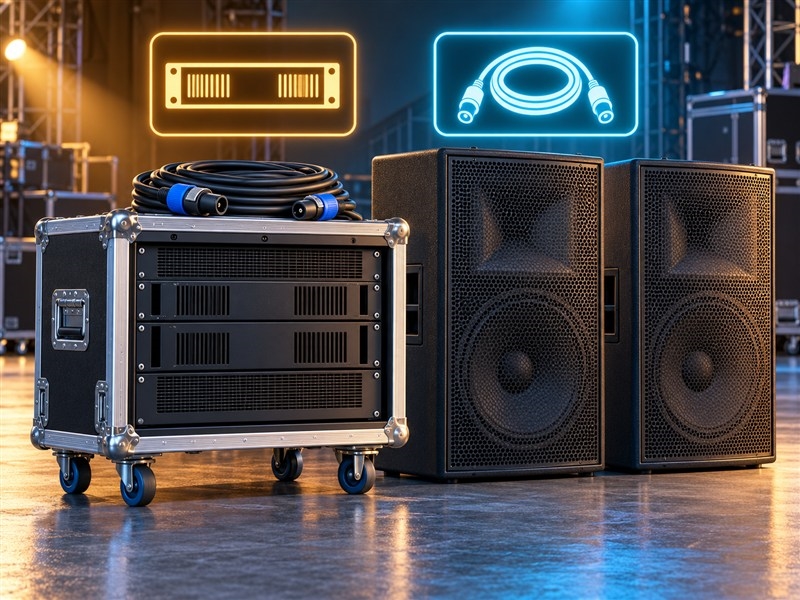 Minh họa 3D rack amplifier cùng loa passive và cuộn dây loa