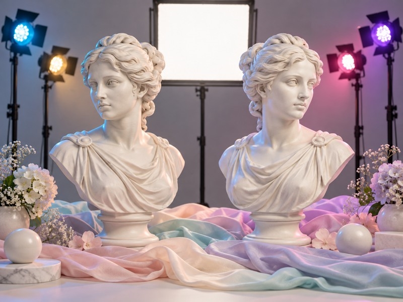 Vật mẫu trắng và vải pastel trong bố trí ánh sáng studio