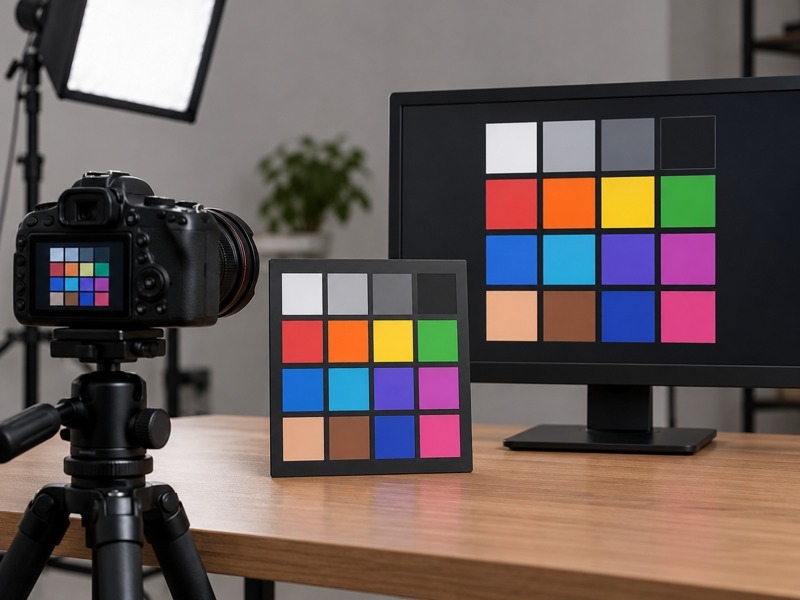 Camera và màn hình cùng quan sát bảng mẫu màu