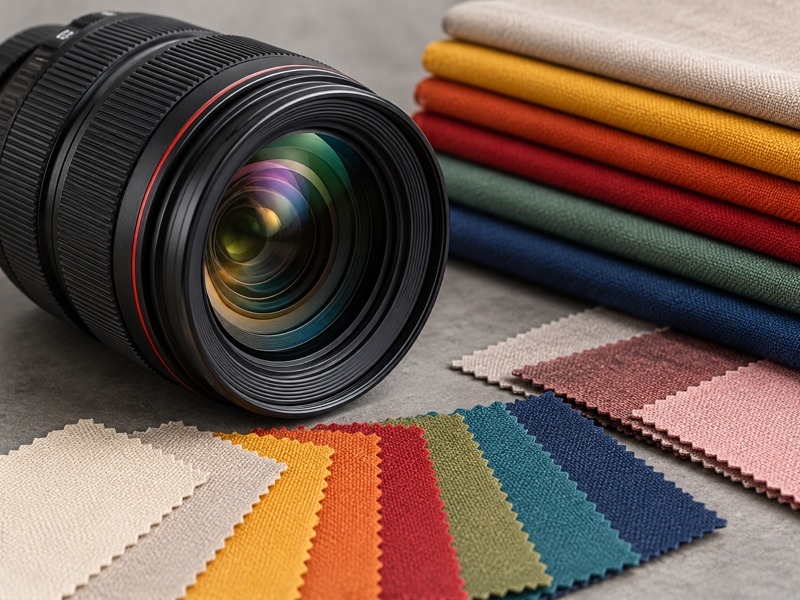 Ống kính camera bên cạnh các mẫu vải màu