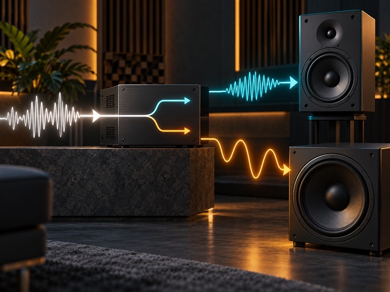 Minh họa 3D phân chia tín hiệu giữa loa sub và loa chính