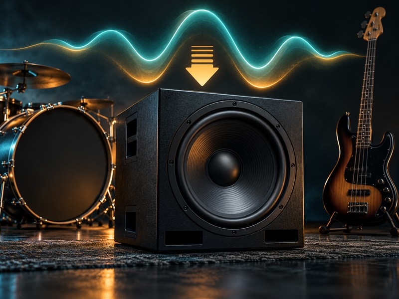 Minh họa 3D loa sub tái tạo nền trầm của trống và guitar bass