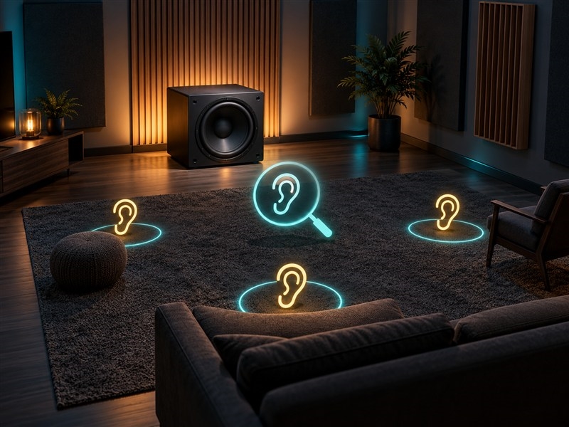 Minh họa 3D nghe kiểm tra tiếng bass ở nhiều vị trí trong phòng