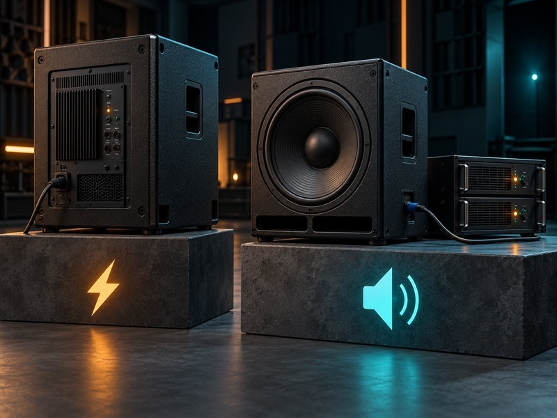 Minh họa 3D sub điện tích hợp amplifier và sub hơi dùng amplifier rời