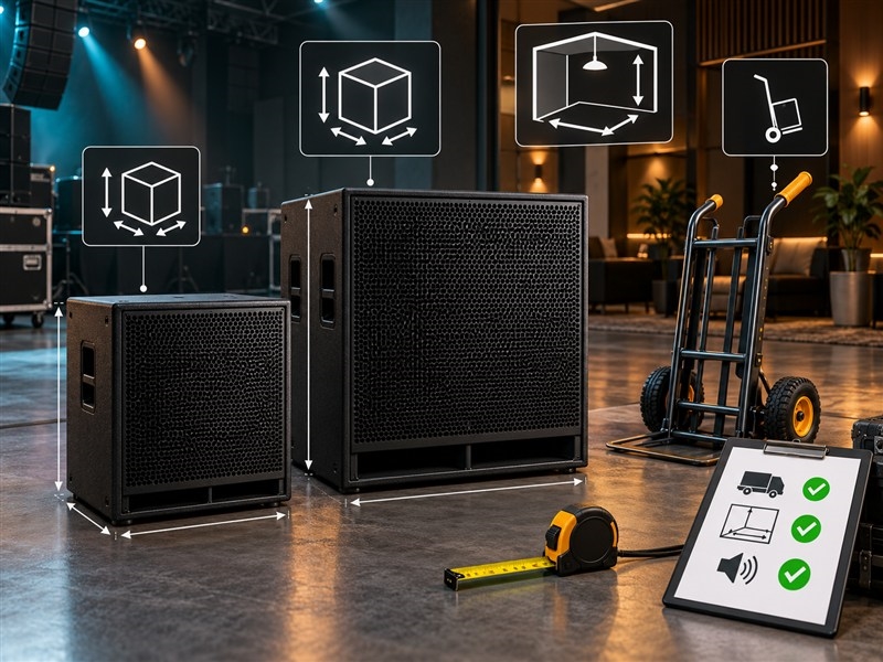 Minh họa 3D chọn kích thước loa sub theo không gian và vận chuyển