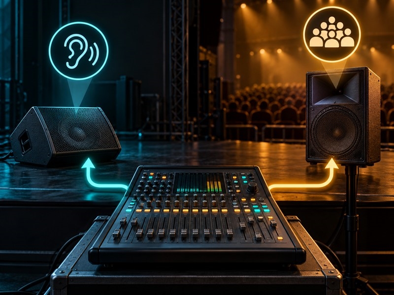 Minh họa 3D các đường mixer riêng cho loa chính và monitor