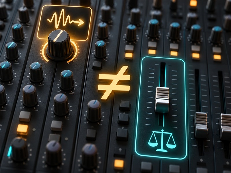 Minh họa 3D phân biệt núm gain đầu vào với fader của mixer