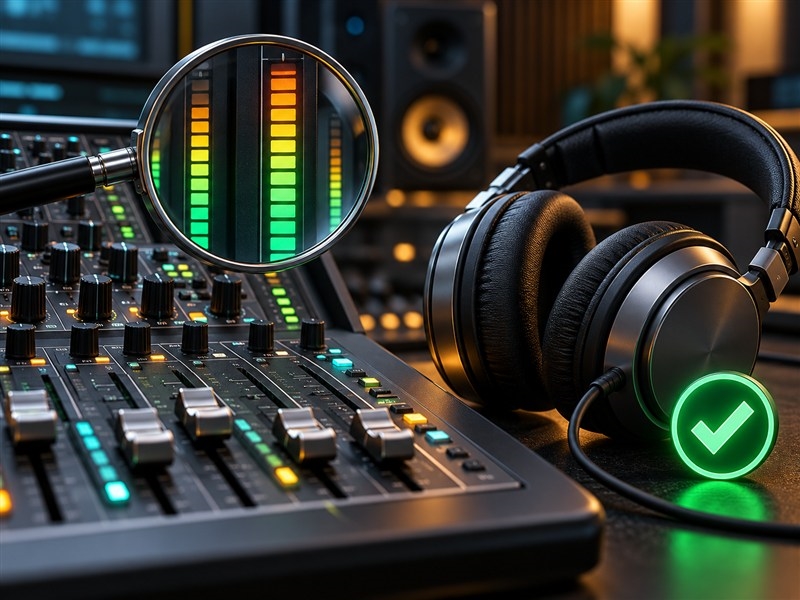 Minh họa 3D dùng tai nghe và meter kiểm tra tín hiệu mixer