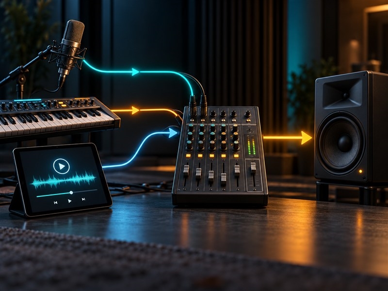 Minh họa 3D đường tín hiệu từ micro và nhạc cụ qua mixer đến loa