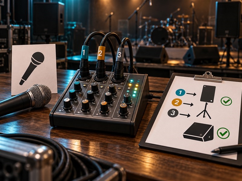 Minh họa 3D lập danh sách đầu vào và đầu ra cho bàn mixer