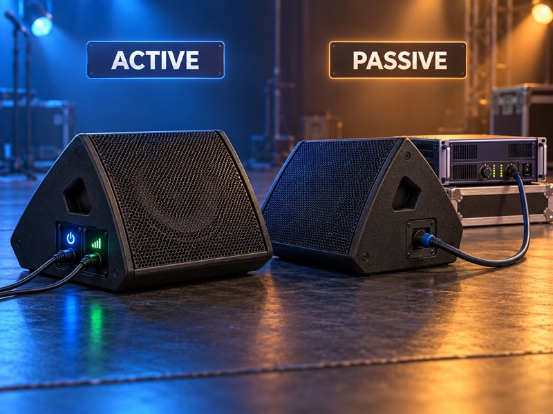 Minh họa 3D monitor active và monitor passive dùng amplifier ngoài