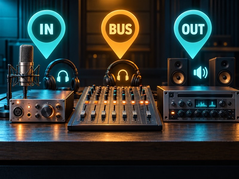 Minh họa 3D ba vị trí xử lý input, bus và output trong hệ âm thanh